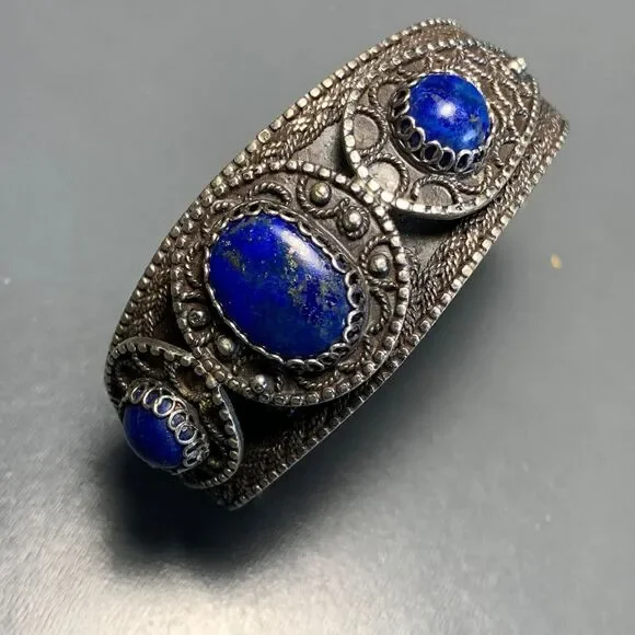 Old Etruscan Style 800 silver Lapis Bangle . Middle eastern Silver Bracelet . S